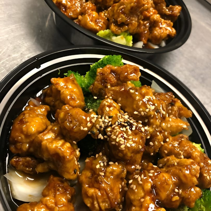Two black bowls of Royal Thai and Sushi's sesame chicken with broccoli and onions.